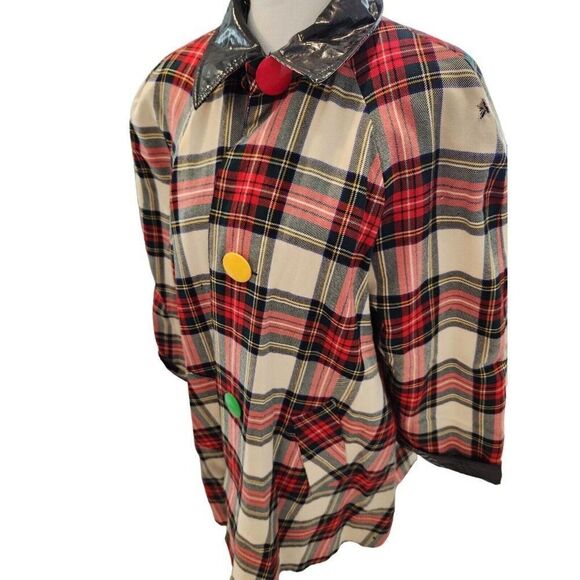Vintage Mod Red White Plaid Reversible Patent Vinyl Raincoat Wool Swing Coat - Picture 3 of 13